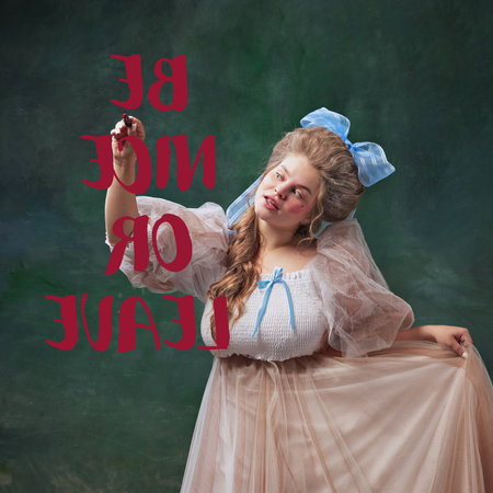 Portrait of beautiful young woman in period attire painting text be mine or leave against vintage green background. Personal boundariesの写真素材