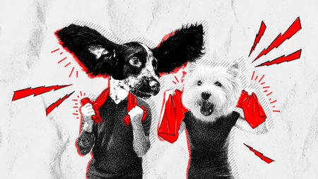 Two men with heads of purebred dogs supporting emotionally favorite sport team. Championship, match....