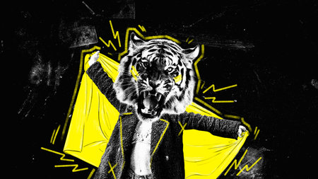 Sport fan, person with lion head roaring loudly, symbolizing power and enthusiasm of sports fans....