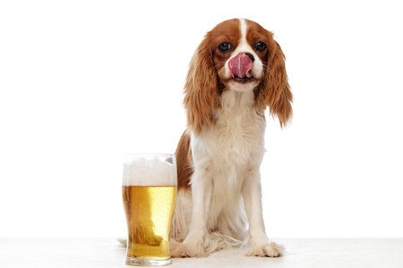 Adorable purebred dog, Cavalier King Charles Spaniel sitting with lager foamy beer isolated on white backgroundの写真素材