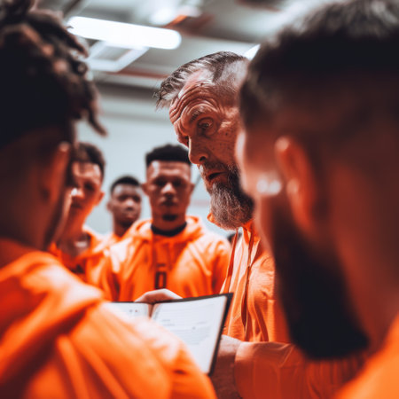 Focused bearded male basketball coach showing strategy to his young male team. All wearing orange uniformの素材