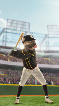 Focused baseball athlete in uniform standing on field with bat, showing reading to win the game. 3d render of baseball open air stadium with filled fans tribune. Photo collageの写真素材