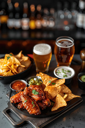 Plate of crispy chicken wings with sauces on a table with nachos, dips, and two glasses of lager beer in atmospheric modern bar setting.の素材