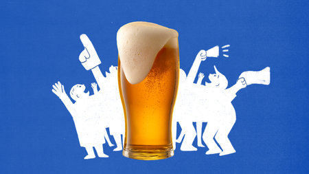 Glass of beer with foam surrounded by happy cartoon figures celebrating winning game with raised hands against blue background. Contemporary art collage.の写真素材