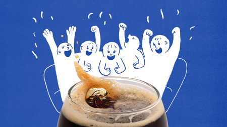 Group of excited cartoon figures emotionally standing next to glass with dark beer, celebrating victory against blue background. Contemporary art collage.の写真素材