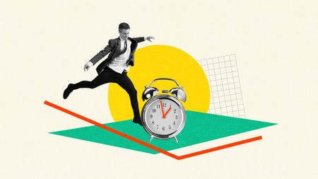 Businessman hitting alarm clock. Urgency inn professional sphere, time management, deadlines, balancing work and rest. Contemporary art collage.の写真素材