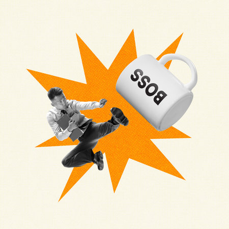 Businessman with document folder hitting cup with text boss in motion with leg. Leadership,...