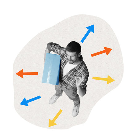 Man with box showing on symbols around multicolored arrows. Successful management, effective...