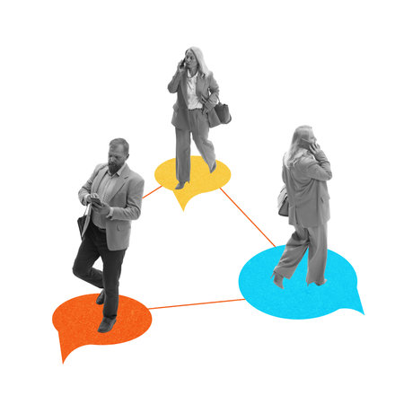 Businesspeople standing in colorful speech bubbles, connected with lines and communicating through...