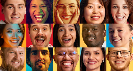 Wow. Collage. Close-up portrait of different people, men and women expressing happiness, joy and...
