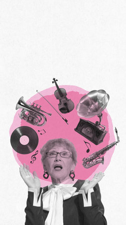 Elderly woman surrounded buy various music instruments. Joy and passion for music, music teacher. Contemporary art collage.の写真素材