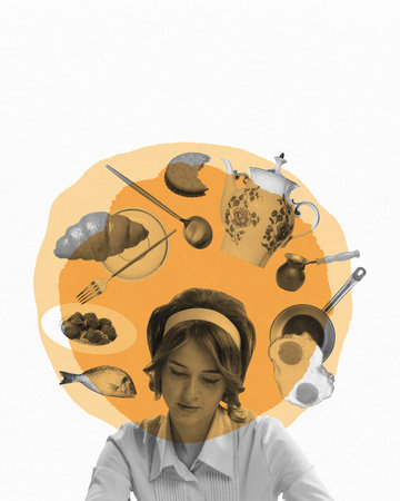 Woman dream is filled with culinary delights, symbolizing nostalgia and domesticity. Food and home life. Contemporary art collage.の写真素材