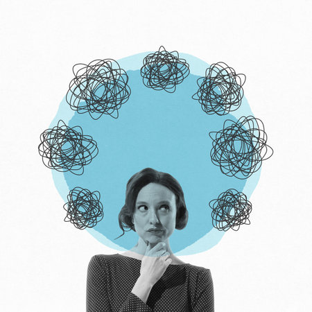 Woman with tangled thoughts flying around head, symbolizing confusion and contemplation. Search for clarity. Contemporary art collage.の写真素材