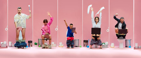 Five fans on toilets, man with brush cheering, woman celebrating, boy raising fist, woman waving...