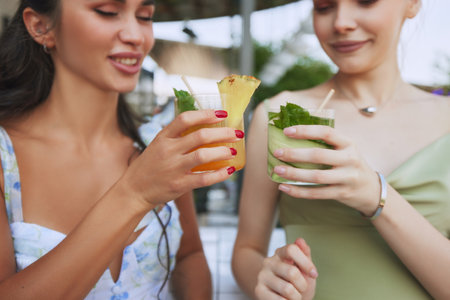 Young women in elegant dress, enjoying cocktails, clinking glasses, meeting in modern atmospheric bar, restaurant in summer eveningの写真素材