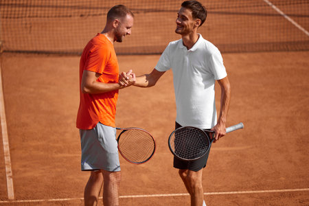 Two smiling men, professional tennis players shaking hands, showing respect to each other after...