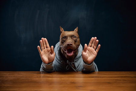 Joyful purebred dog in hoodie, with human hands against chalkboard background. Friendly, welcoming vibe. Discussion, efficient communication in businessの写真素材