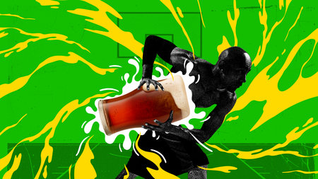 Competitive young man, basketball player in motion with beer glass instead of ball, playing against...
