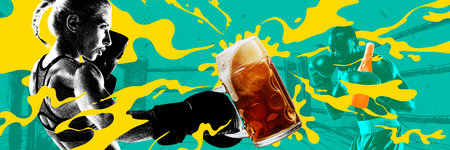 Mam and woman, boxing players fighting with giant lager foamy beer against abstract background. Contemporary art collage.の写真素材