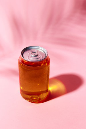 Transparent can mockup containing fizzy, amber-hued drink, beer, lemonade, soda water, set against...