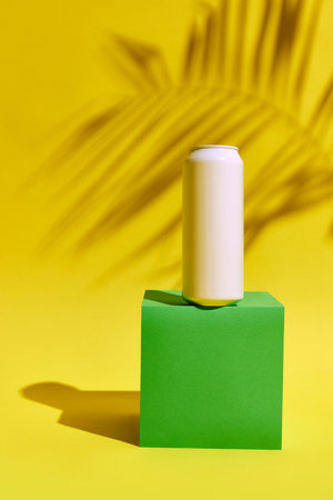 Warm and minimalistic mockup with white can against yellow background with palm tree shadow, creating summer vibes. Refreshing beer, lemonade, soda waterの写真素材