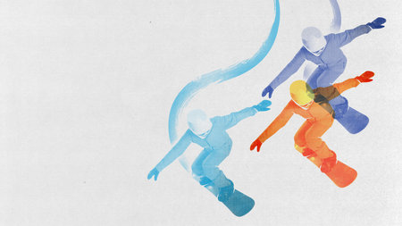 Minimalistic design. Fluid motion of snowboarding. Man pastel hues in dynamic movement, snowboarding. Contemporary art collage.の写真素材