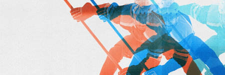 Minimalistic design style. Focused man, hockey player during game showing skills and determination. Contemporary art collage.の写真素材