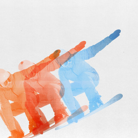 Man in winter clothes, helmet and goggles in motion on snowboard, showing skills and love to extreme sports. Contemporary art collage.の写真素材