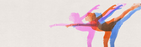 Minimalistic design. Talented and artistic young girl, figure skating athlete making creative performance. Contemporary art collage.の写真素材