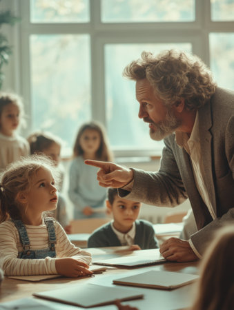 Male teacher and students caught in moment of deep learning, Man, teacher, professor explaining lesson with interest and focus.の素材
