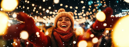 Banner. Happy woman cheerfully smiling looking at camera and raising hands of joy and happiness, expressing festive Christmas mood on crowdy street decorated with garlands.の素材