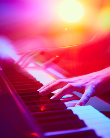 Close up photo of musicians hands preparing to performance, and rehearses, plays scales in vibrant neon light.の写真素材