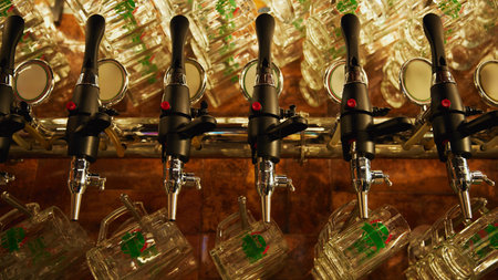 Row of shiny beer taps with handles, set against wall with rows of empty mugs hanging from it. Vintage and luxury atmosphereの写真素材