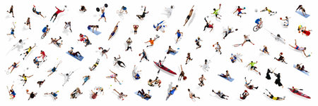 Collage. Multiple athletes, top view of men and women of different sports in motion playing,...