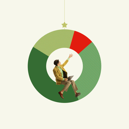 Businessman with tablet sitting inside round graph. Focus on efficiency and productivity. analysis...