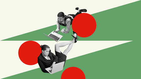 Man and woman, colleagues working laptops atop stylized tree, with red ornaments. Remote work....
