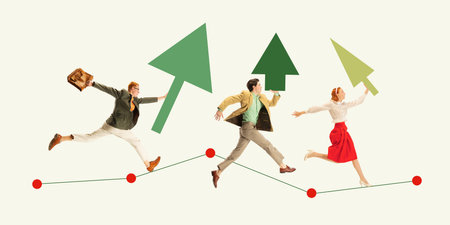 Deadlines. Employees running with mall arrows like Christmas trees on graph, symbolizing finishing projects before holidays and vacation. Contemporary art collage.の写真素材