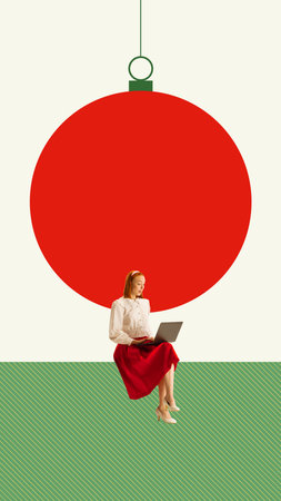 Businesswoman sitting on abstract Christmas decoration and working on laptop, finishing deadlines, projects before holiday season. Contemporary art collage.の写真素材