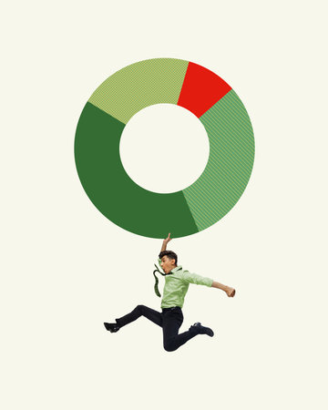 Businessman jumping with large circular chart with festive green and red sections. Achieving business goals, capturing the energy of success. Contemporary art collage.の写真素材