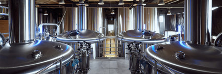 Gleaming stainless steel tanks and valves in the brewery highlight the precision and technology...