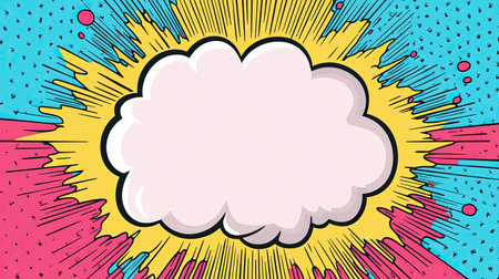 Pop art style. Large speech bubble against dynamic background of radiating yellow, blue and pink...