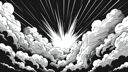 Dramatic scene of bright light bursting through cloud-filled sky, with sharp, radiating lines emanating from the center. Black and white. Pop art comic styleの写真素材