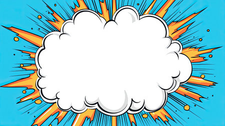 Pop art style. Large white speech bubble against dynamic background of radiating yellow and blue...