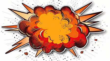 Large, orange explosion cloud with red and yellow accents, surrounded by radiating lines and dots on...