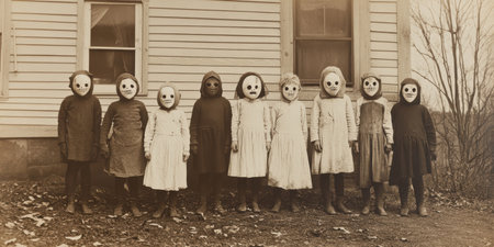 Group of eight children standing in line outside weathered, clapboard house, dressed in...