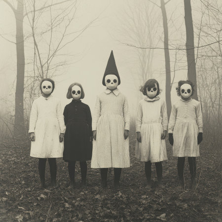 Five children standing in vintage-style clothing and skull masks, against creepy, foggy forest....