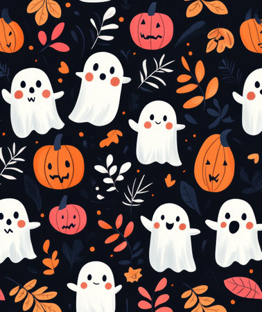Playful Halloween pattern featuring cute, white ghosts, orange pumpkins with carved faces, and red leaves on a black background.の写真素材