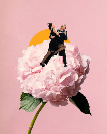 Couple in 1920s attire passionately dancing on giant pink flower against pastel background. Romance and vintage charm. Contemporary art collage.の写真素材