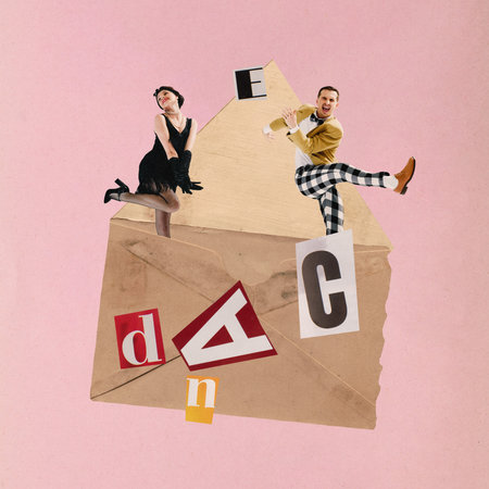 Lively stylish couple dancing atop oversized envelope, surrounded by cut-out letters spelling DANCE. Playful and vintage-inspired invitation to party. Contemporary art collageの写真素材