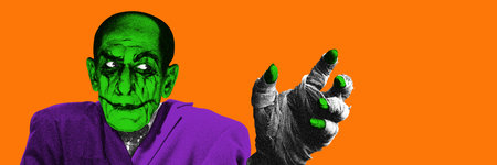 Green-skinned terrifying man in purple robe, with bandaged hand, glowing green nails reaching...
